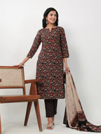 Janasya Straight Cambric Black Floral Notch Neck Kurta,Bottom & Dupatta