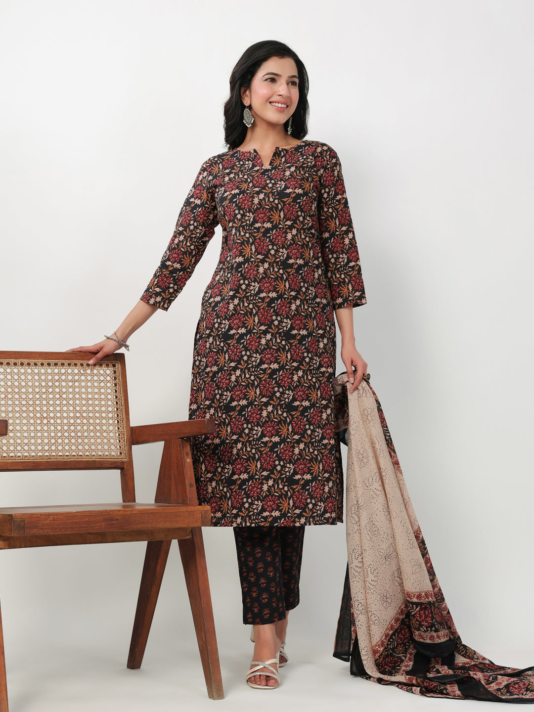 Janasya Straight Cambric Black Floral Notch Neck Kurta,Bottom & Dupatta