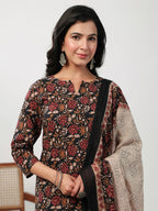 Janasya Straight Cambric Black Floral Notch Neck Kurta,Bottom & Dupatta
