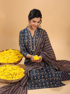 Janasya Straight Cambric Dark Blue Ethnic Motifs Band Collar Kurta,Bottom & Dupatta