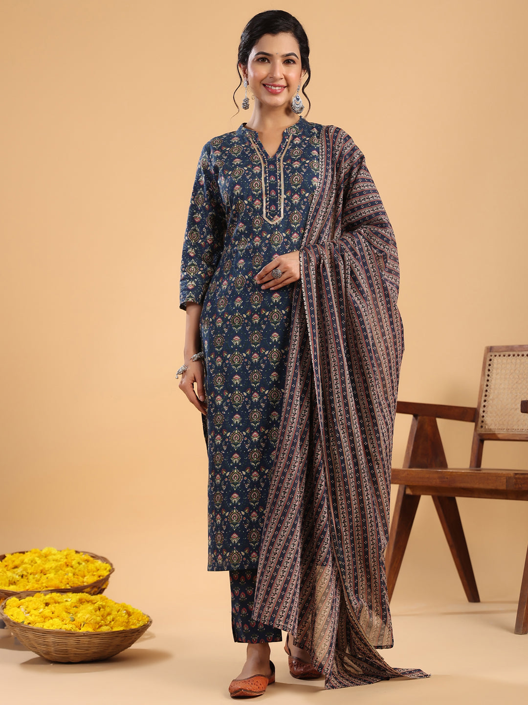 Janasya Straight Cambric Dark Blue Ethnic Motifs Band Collar Kurta,Bottom & Dupatta