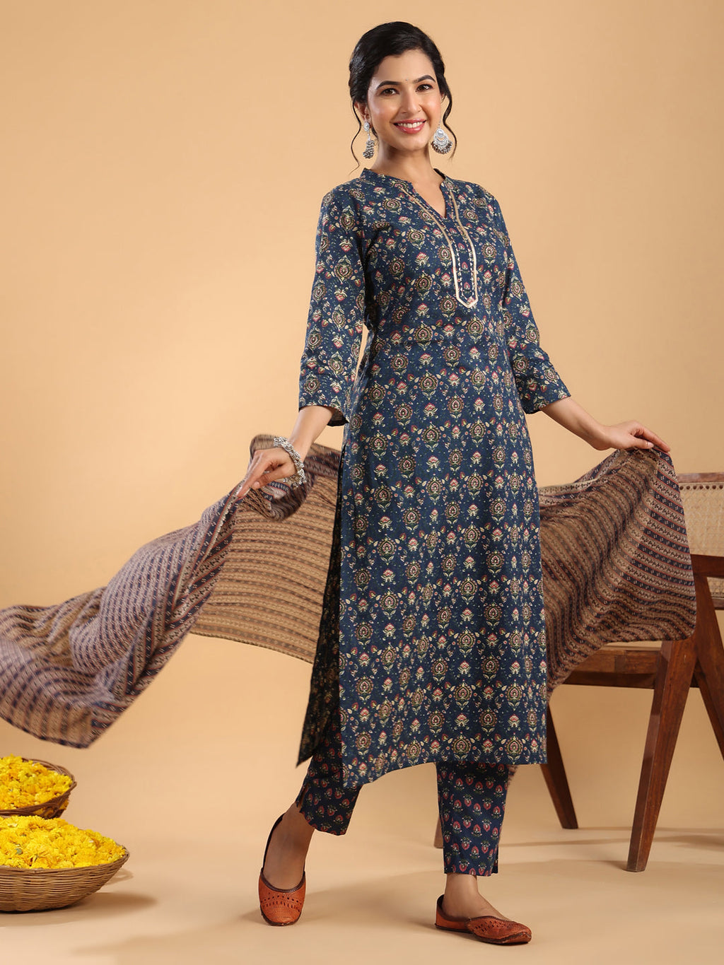 Janasya Straight Cambric Dark Blue Ethnic Motifs Band Collar Kurta,Bottom & Dupatta