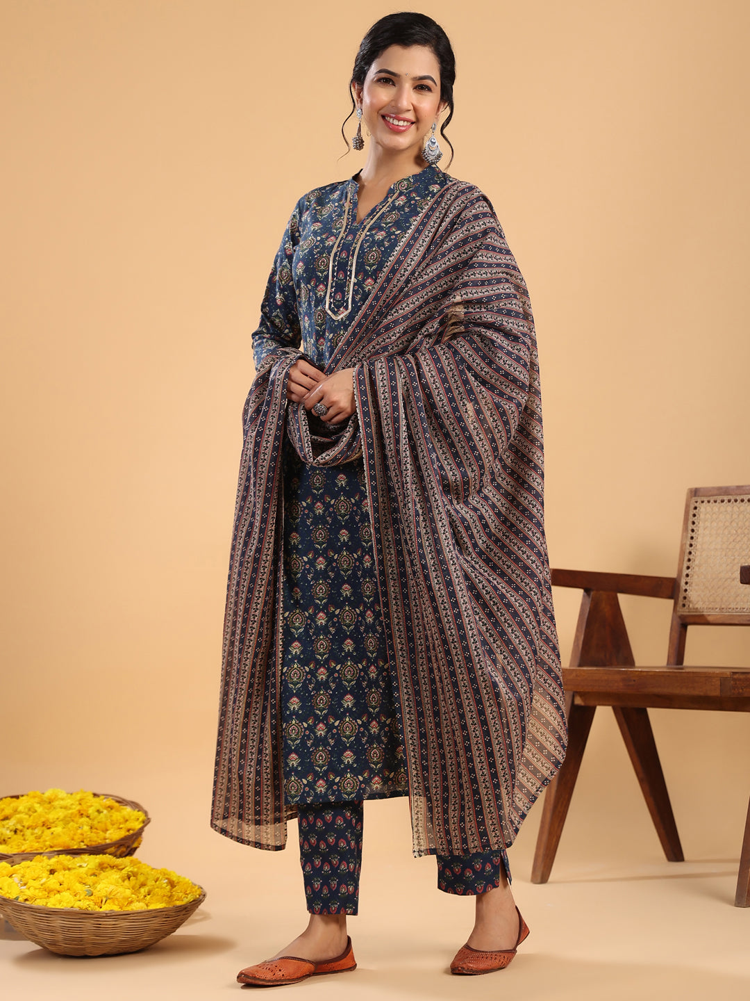 Janasya Straight Cambric Dark Blue Ethnic Motifs Band Collar Kurta,Bottom & Dupatta