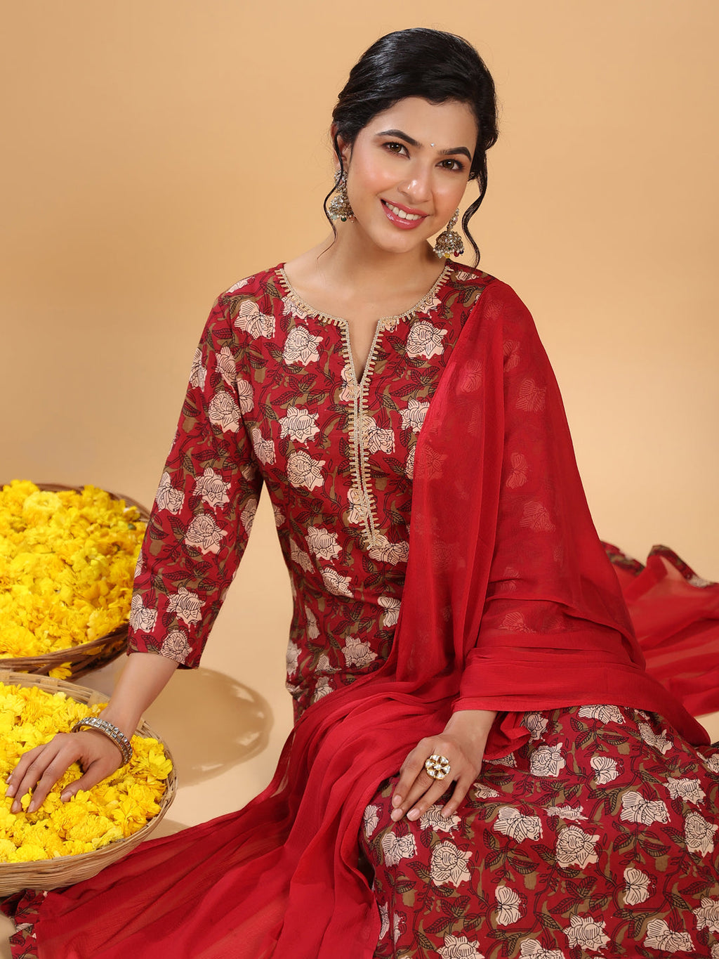 Janasya Regular Cambric Maroon Striped Notch Neck Set