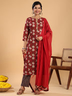 Janasya Regular Cambric Maroon Striped Notch Neck Set