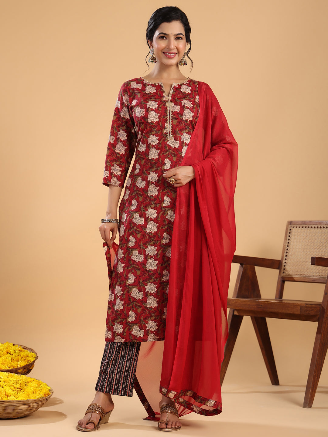 Janasya Regular Cambric Maroon Striped Notch Neck Set