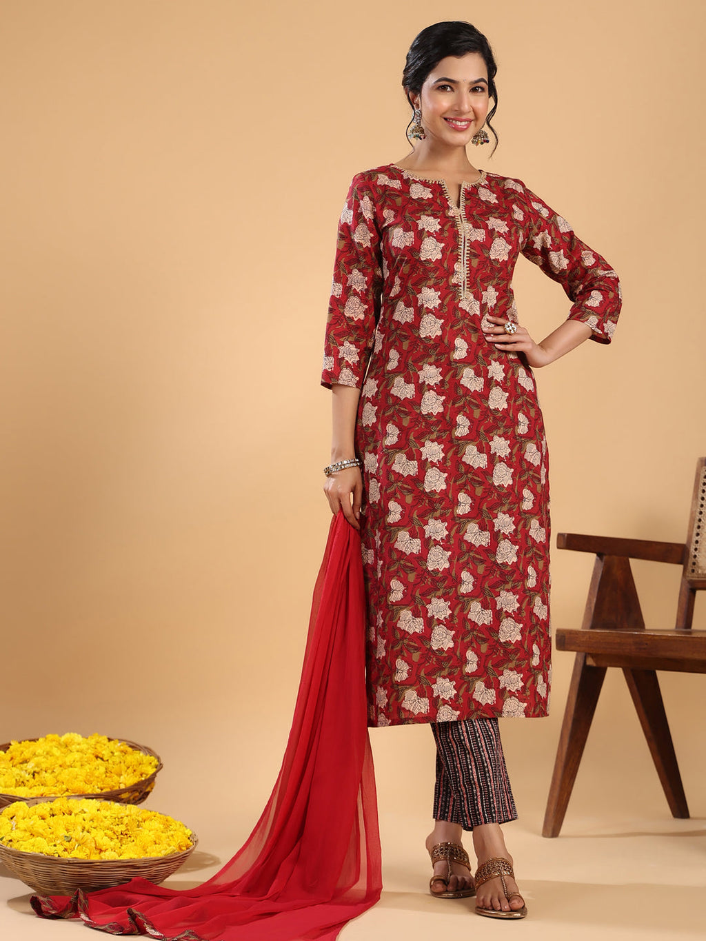 Janasya Regular Cambric Maroon Striped Notch Neck Set