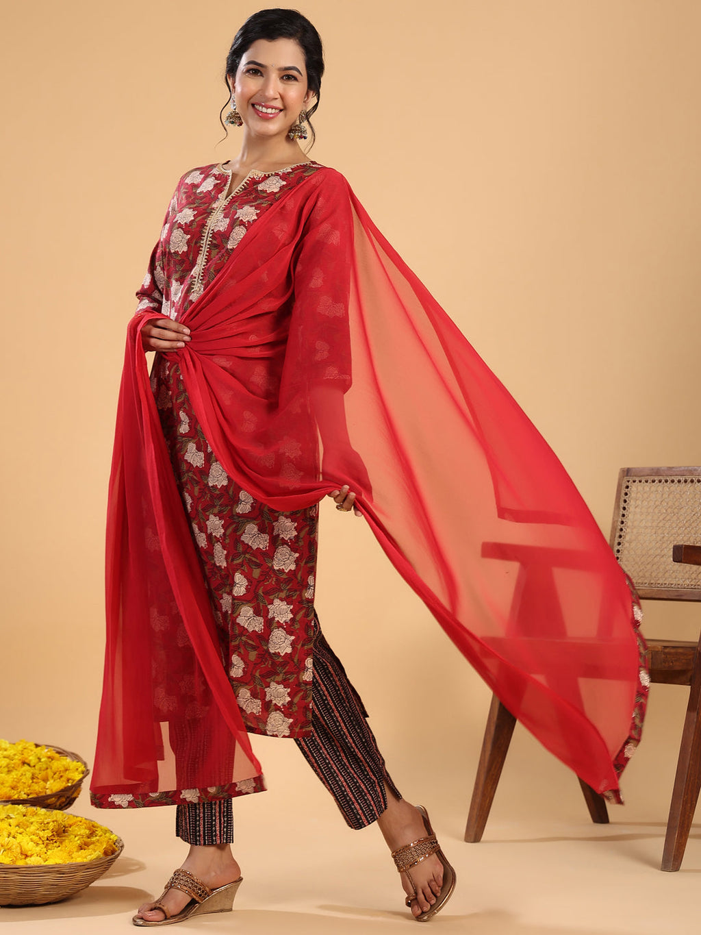 Janasya Regular Cambric Maroon Striped Notch Neck Set