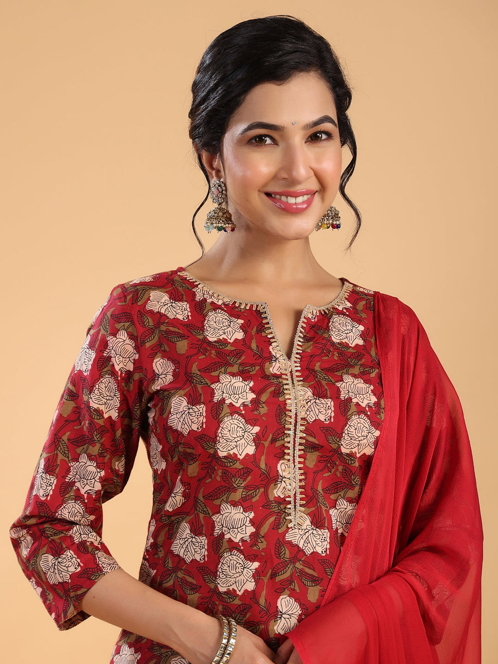 Janasya Regular Cambric Maroon Striped Notch Neck Set