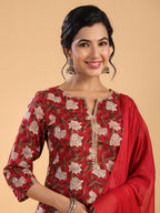 Janasya Regular Cambric Maroon Striped Notch Neck Set