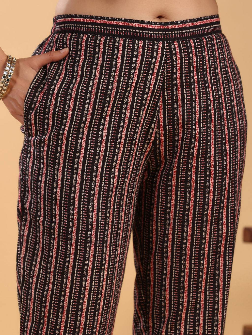 Janasya Regular Cambric Maroon Striped Notch Neck Set