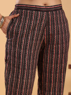 Janasya Regular Cambric Maroon Striped Notch Neck Set