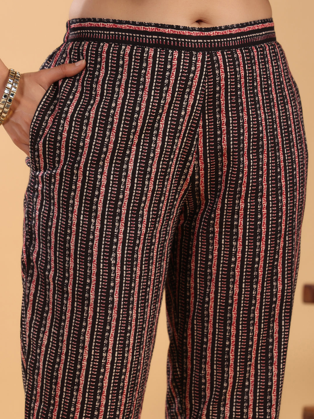 Janasya Regular Cambric Maroon Striped Notch Neck Set