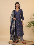 Janasya Straight Cambric Dark Blue Bandhani V-Neck with Band Collar Kurta Set