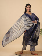 Janasya Straight Cambric Dark Blue Bandhani V-Neck with Band Collar Kurta Set