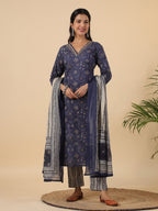 Janasya Straight Cambric Dark Blue Bandhani V-Neck with Band Collar Kurta Set