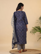 Janasya Straight Cambric Dark Blue Bandhani V-Neck with Band Collar Kurta Set