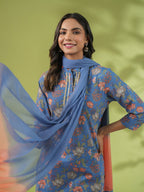 Janasya Straight Cambric Blue Floral Band Collar Kurta Set