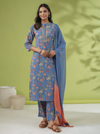 Janasya Straight Cambric Blue Floral Band Collar Kurta Set