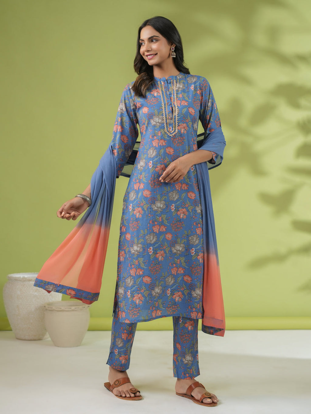 Janasya Straight Cambric Blue Floral Band Collar Kurta Set