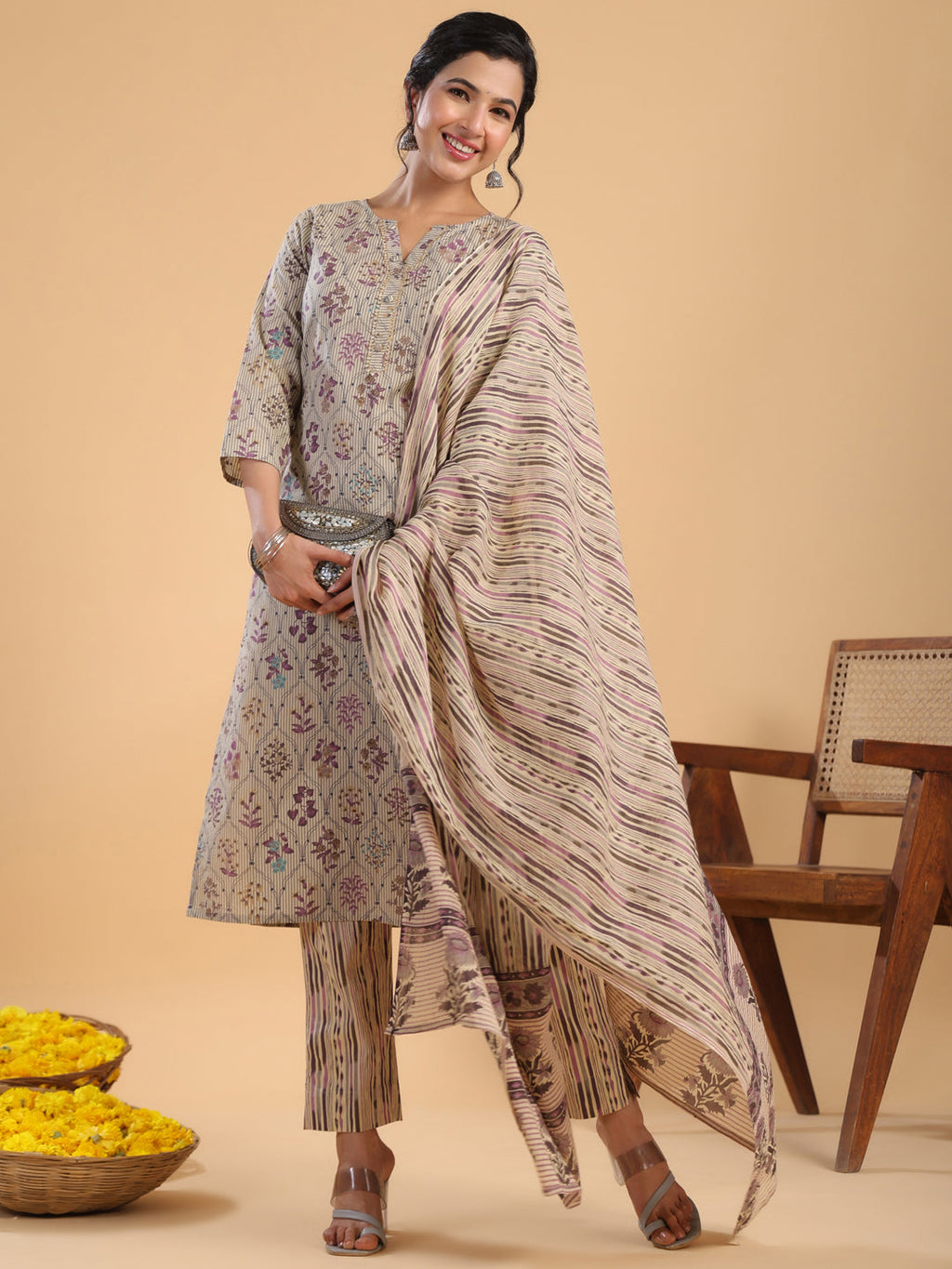 Janasya Regular Cotton Cream Floral Notch Neck Kurta,Bottom & Dupatta