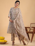 Janasya Regular Cotton Cream Floral Notch Neck Kurta,Bottom & Dupatta