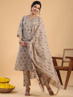 Janasya Regular Cotton Cream Floral Notch Neck Kurta,Bottom & Dupatta