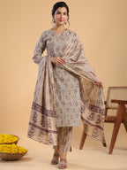 Janasya Regular Cotton Cream Floral Notch Neck Kurta,Bottom & Dupatta