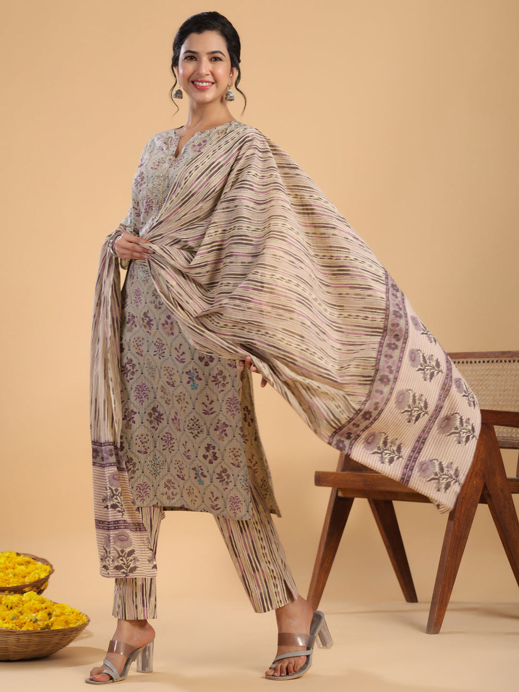 Janasya Regular Cotton Cream Floral Notch Neck Kurta,Bottom & Dupatta