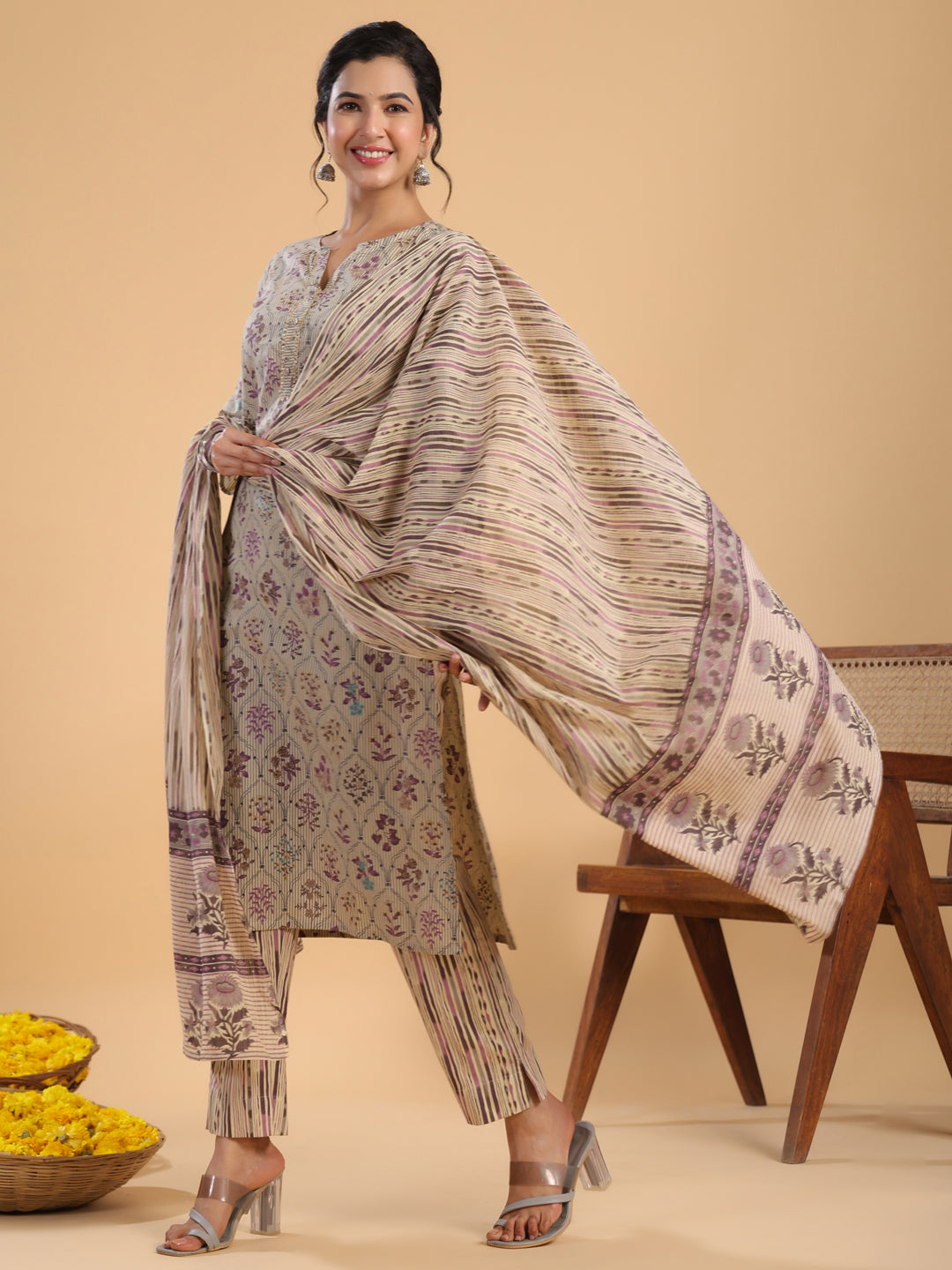 Janasya Regular Cotton Cream Floral Notch Neck Kurta,Bottom & Dupatta