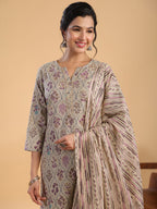 Janasya Regular Cotton Cream Floral Notch Neck Kurta,Bottom & Dupatta