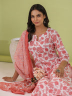 Janasya Straight Cambric White Floral Notch Neck Set
