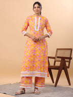 Janasya Straight Cambric Orange Floral Band Collar Kurta & Bottom