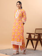 Janasya Straight Cambric Orange Floral Band Collar Kurta & Bottom