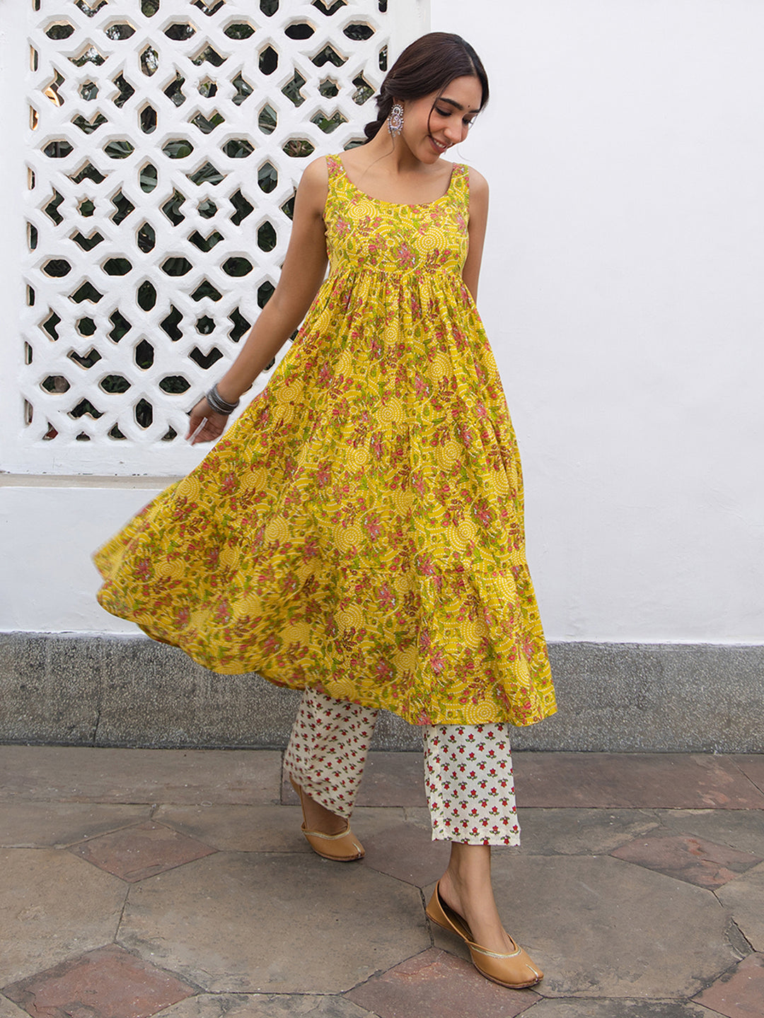 Janasya Bright Cotton Floral Gathered Kurta Set - Distacart