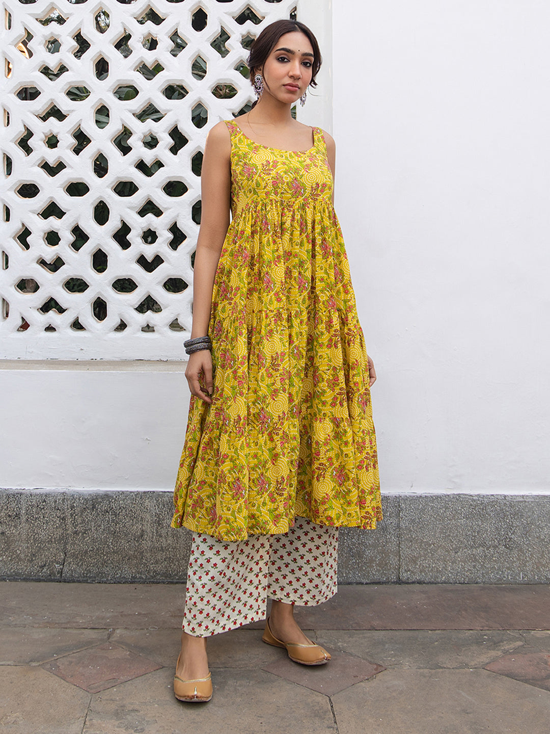 Janasya Bright Cotton Floral Gathered Kurta Set - Distacart