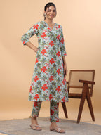 Janasya A-Line Cambric Blue Floral V-Neck Kurta & Bottom