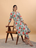 Janasya A-Line Cambric Blue Floral V-Neck Kurta & Bottom