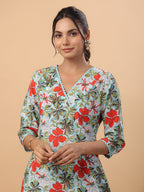 Janasya A-Line Cambric Blue Floral V-Neck Kurta & Bottom