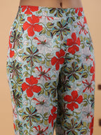 Janasya A-Line Cambric Blue Floral V-Neck Kurta & Bottom