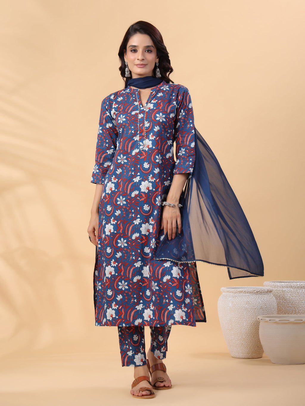 Janasya Regular Cambric Navy Blue Floral Band Collar Kurta,Bottom & Dupatta