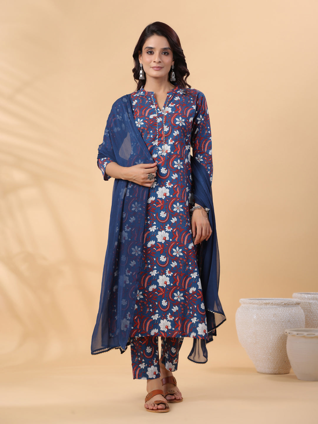 Janasya Regular Cambric Navy Blue Floral Band Collar Kurta,Bottom & Dupatta