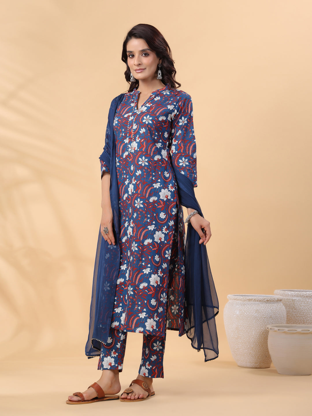 Janasya Regular Cambric Navy Blue Floral Band Collar Kurta,Bottom & Dupatta