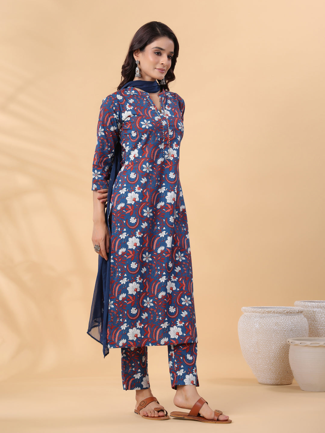 Janasya Regular Cambric Navy Blue Floral Band Collar Kurta,Bottom & Dupatta
