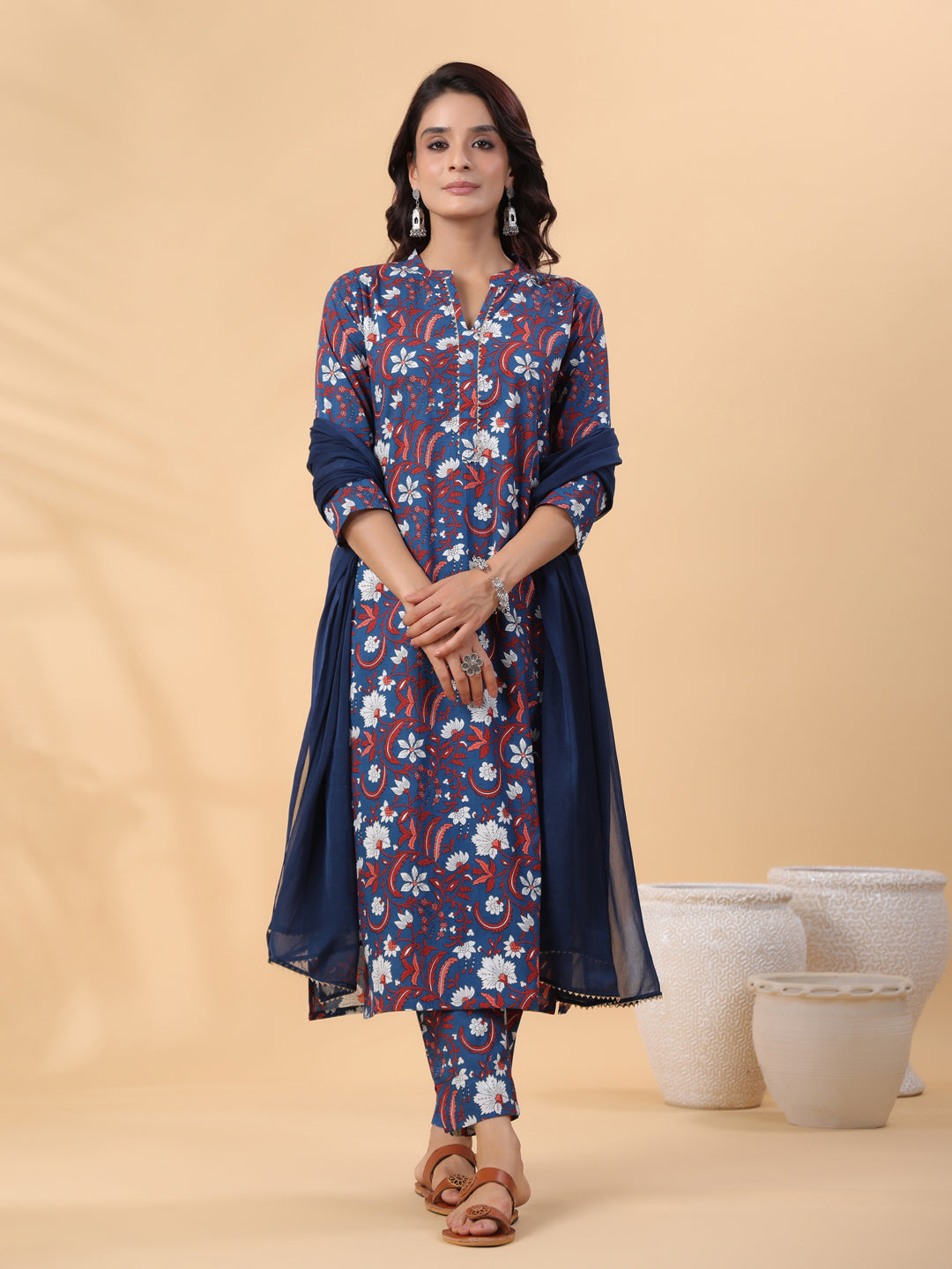 Janasya Regular Cambric Navy Blue Floral Band Collar Kurta,Bottom & Dupatta