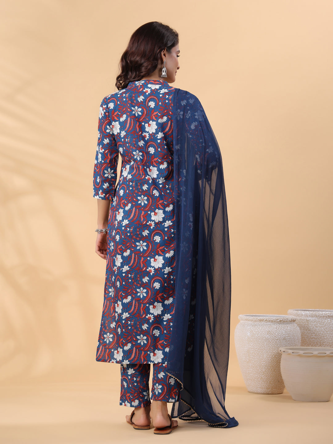 Janasya Regular Cambric Navy Blue Floral Band Collar Kurta,Bottom & Dupatta