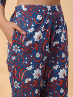 Janasya Regular Cambric Navy Blue Floral Band Collar Kurta,Bottom & Dupatta