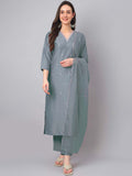 Janasya Regular Chinnon Ice Blue Embroidered V-Neck Kurta,Bottom & Dupatta