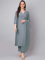 Janasya Regular Chinnon Ice Blue Embroidered V-Neck Kurta,Bottom & Dupatta