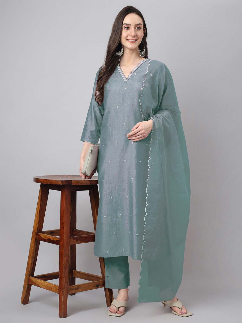 Janasya Regular Chinnon Ice Blue Embroidered V-Neck Kurta,Bottom & Dupatta